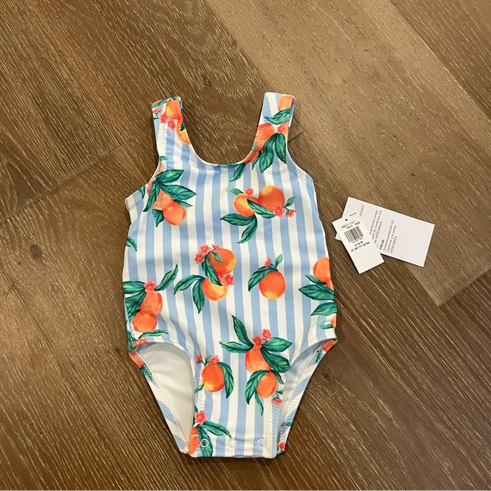 Old Navy Baby Girl Blue Striped Swimsuit Bow Peach Size 6-12 Months